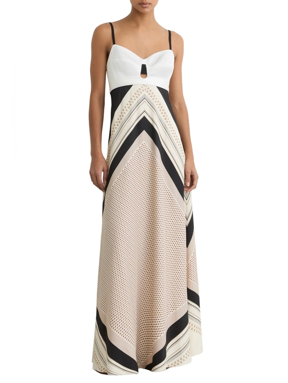 Reiss Myra Scarf-Print Tie-Back Maxi Dress in Ivory/Black 8